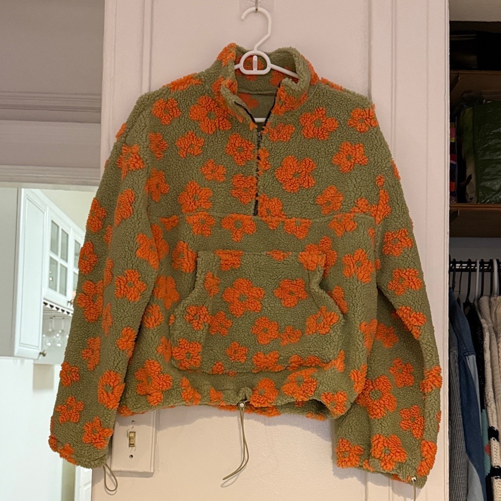 Floral Fleece Pullover with Orange Flowers